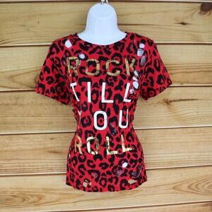 Love J Distressed T-Shirt Womens Size M Red Animal Print Rock Till You Roll NWT